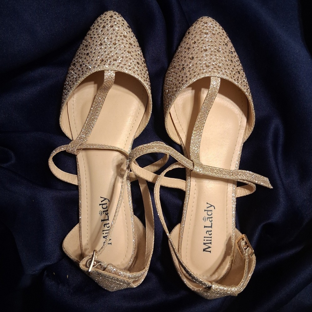 NWOT Mila Lady Champagne Gold Glitter Rhinestone T-Strap D'Orsay Flats 8.5 NEW